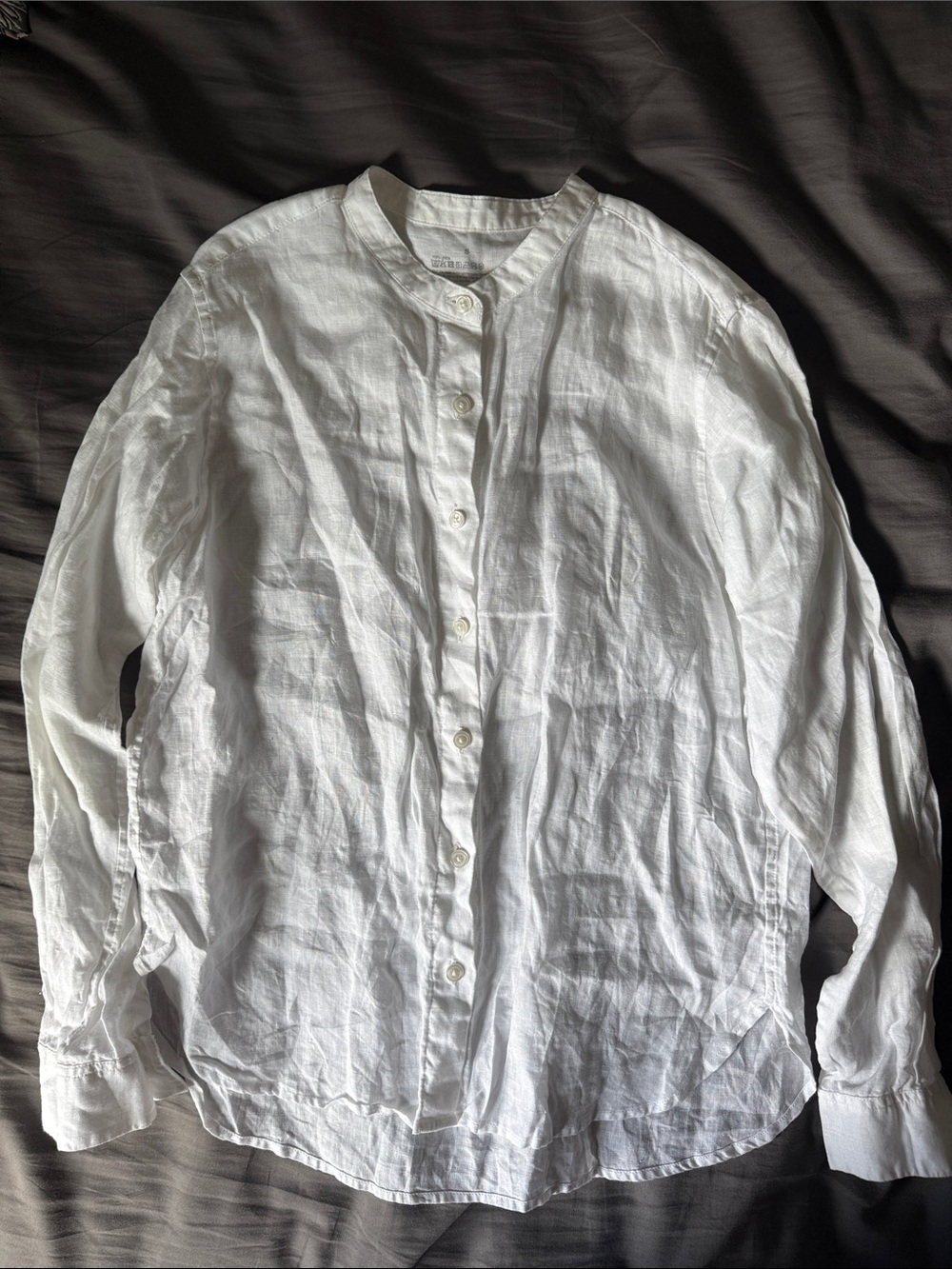 Muji White Linen Button-Down Band-Collar Shirt